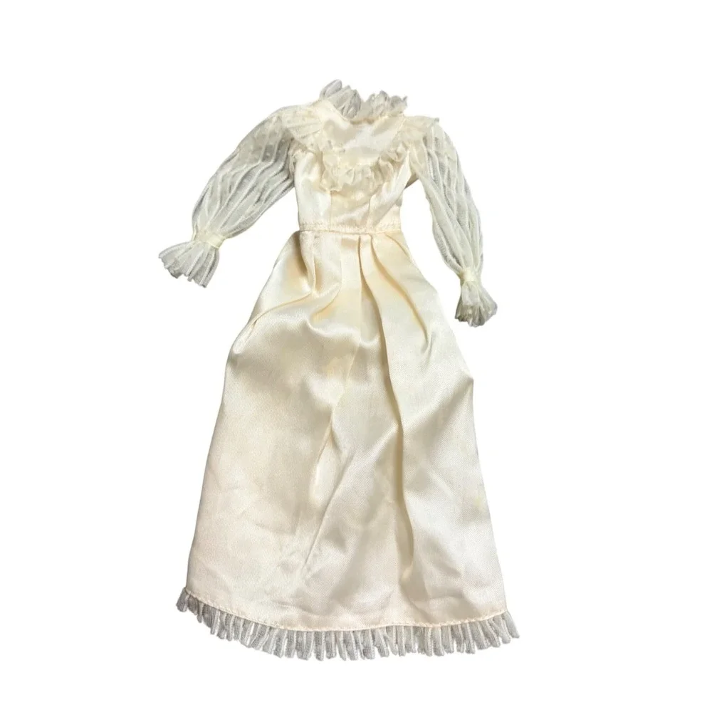 Vintage Cream Satin Doll Wedding Dress Sheer Ruffle Sleeves Long Formal Gown